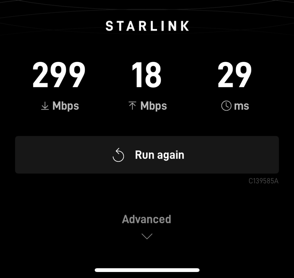 Example of internet speeds available from Starlink